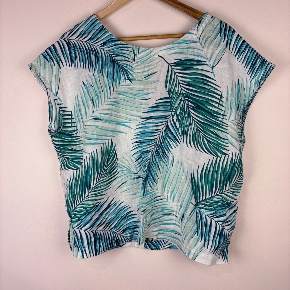 Tahari 100% Linen Teal Blue White Leaf Print Button Back Blouse